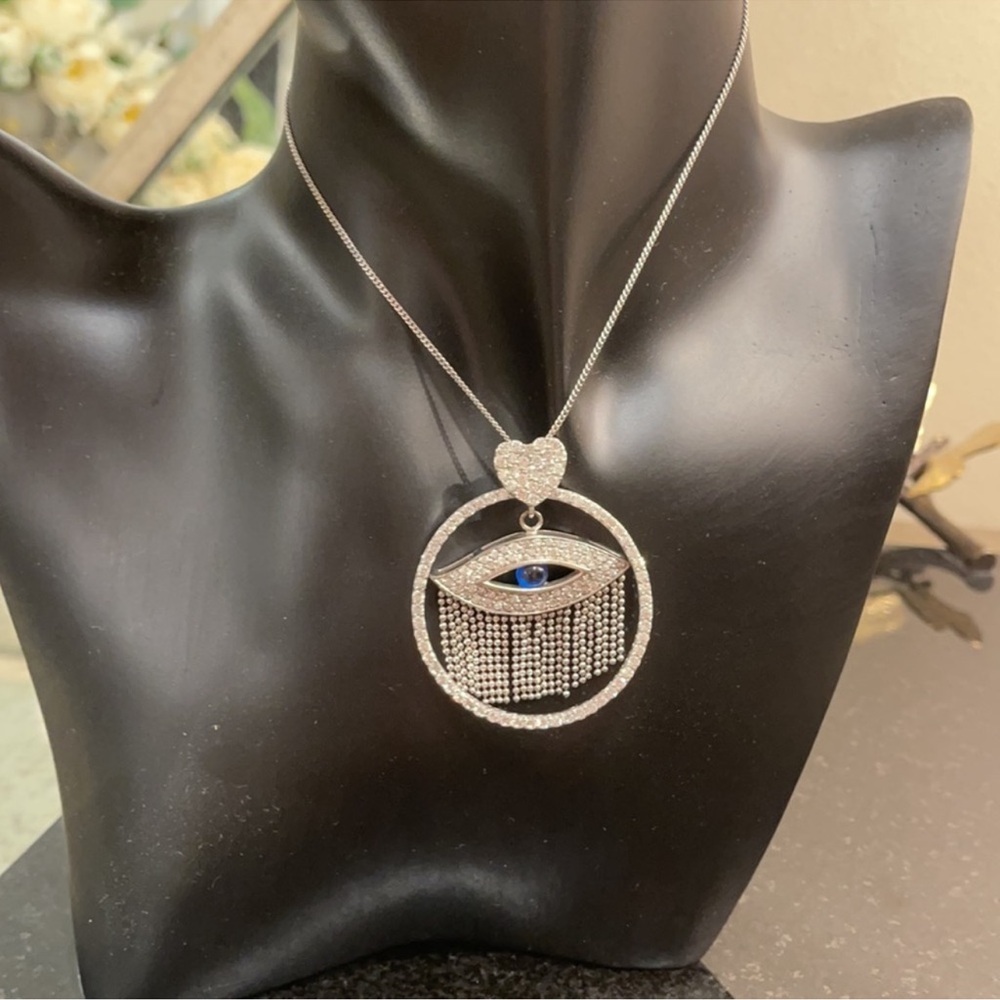 Elegant Sterling Silver Eye TasselPendant Necklace